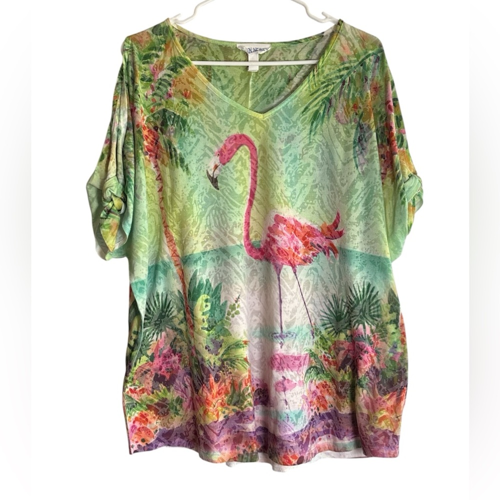 Ellen Negley Flamingo Tropical Cold Shoulder Short Sleeve Tunic Tee Top XXL